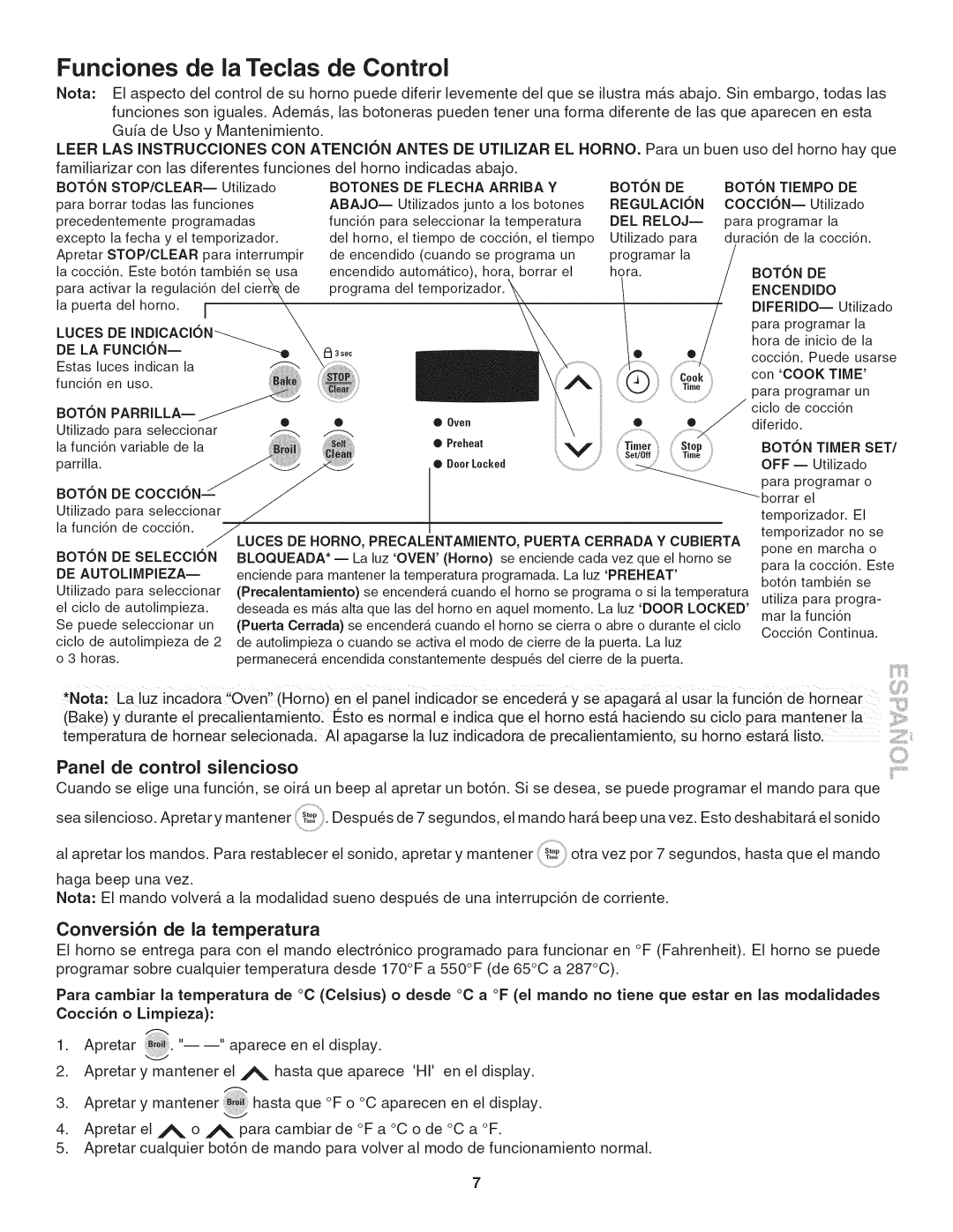 Kenmore 790. 4045 manual Funciones de la Teclas de Control, Panel de control silencioso, Conversi6n de la temperatura 