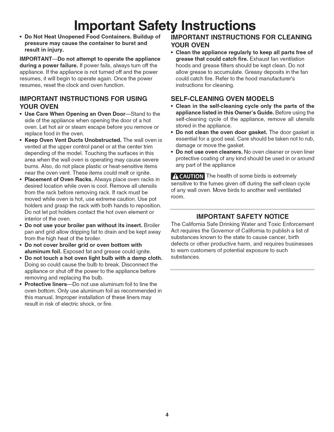 Kenmore 790. 4045 important Safety instructions, iMPORTANT iNSTRUCTiONS FOR CLEANING YOUR OVEN, Self-Cleaningoven Models 