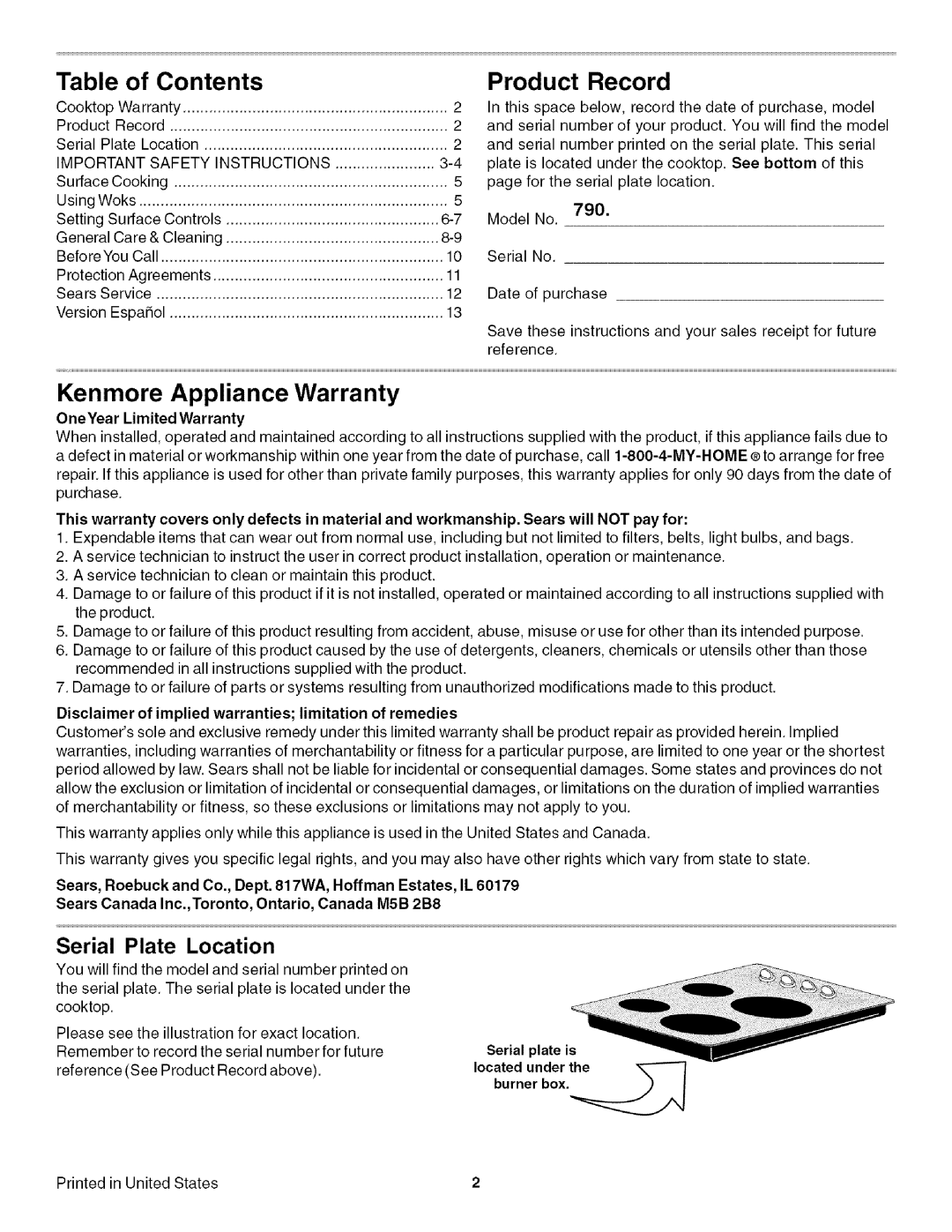 Kenmore 790, 4272 manual Contents, Record, Kenmore Appliance Warranty, Serial Plate Location, OneYear Limited Warranty 