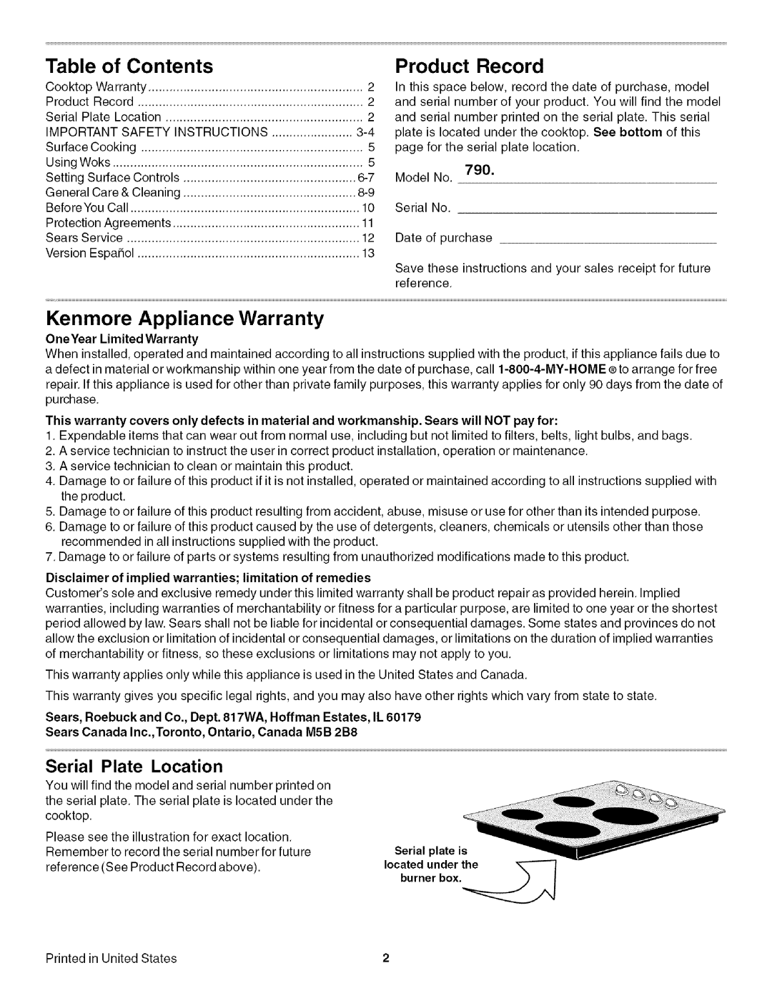 Kenmore 790, 4272 manual of Contents, Record, Kenmore Appliance Warranty, Serial Plate Location, Product 