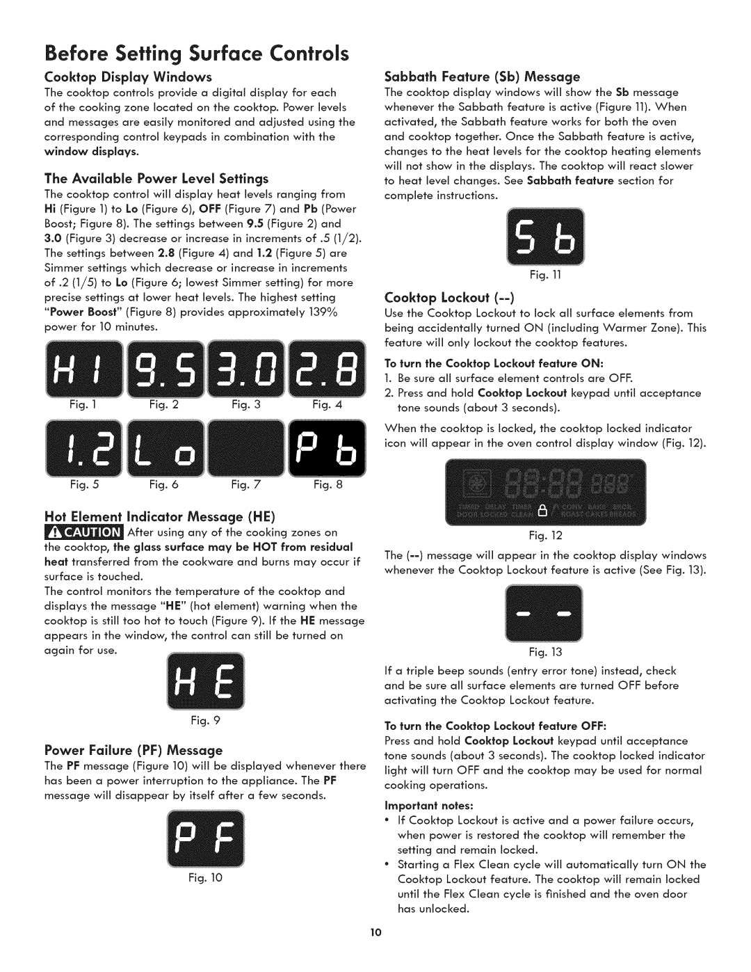 Kenmore 790-4501 Cooktop Display Windows, Available Power Level Settings, Sabbath Feature Sb Message, Cooktop Lockout 