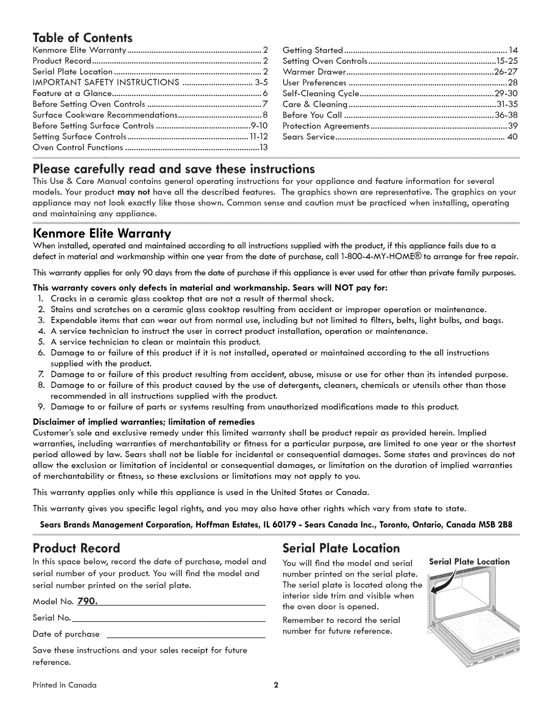 Kenmore 790-4501 manual Contents 