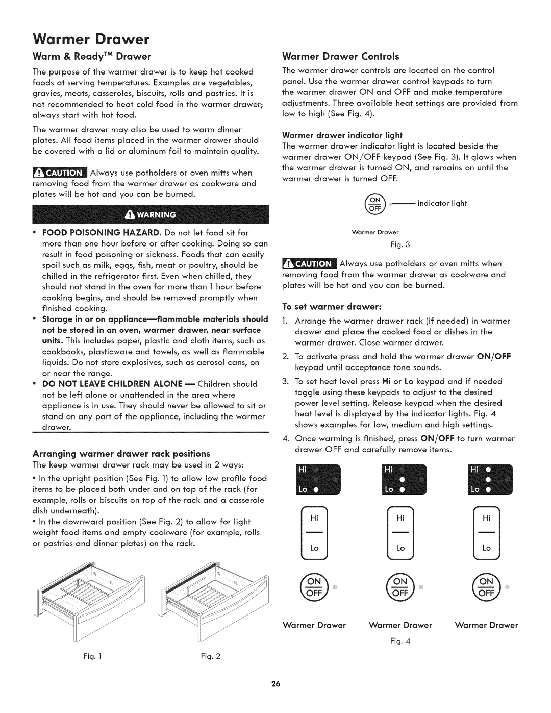 Kenmore 790-4501 manual Warm & Ready TM Drawer, Warmer Drawer Controls, Arranging warmer drawer rack positions 