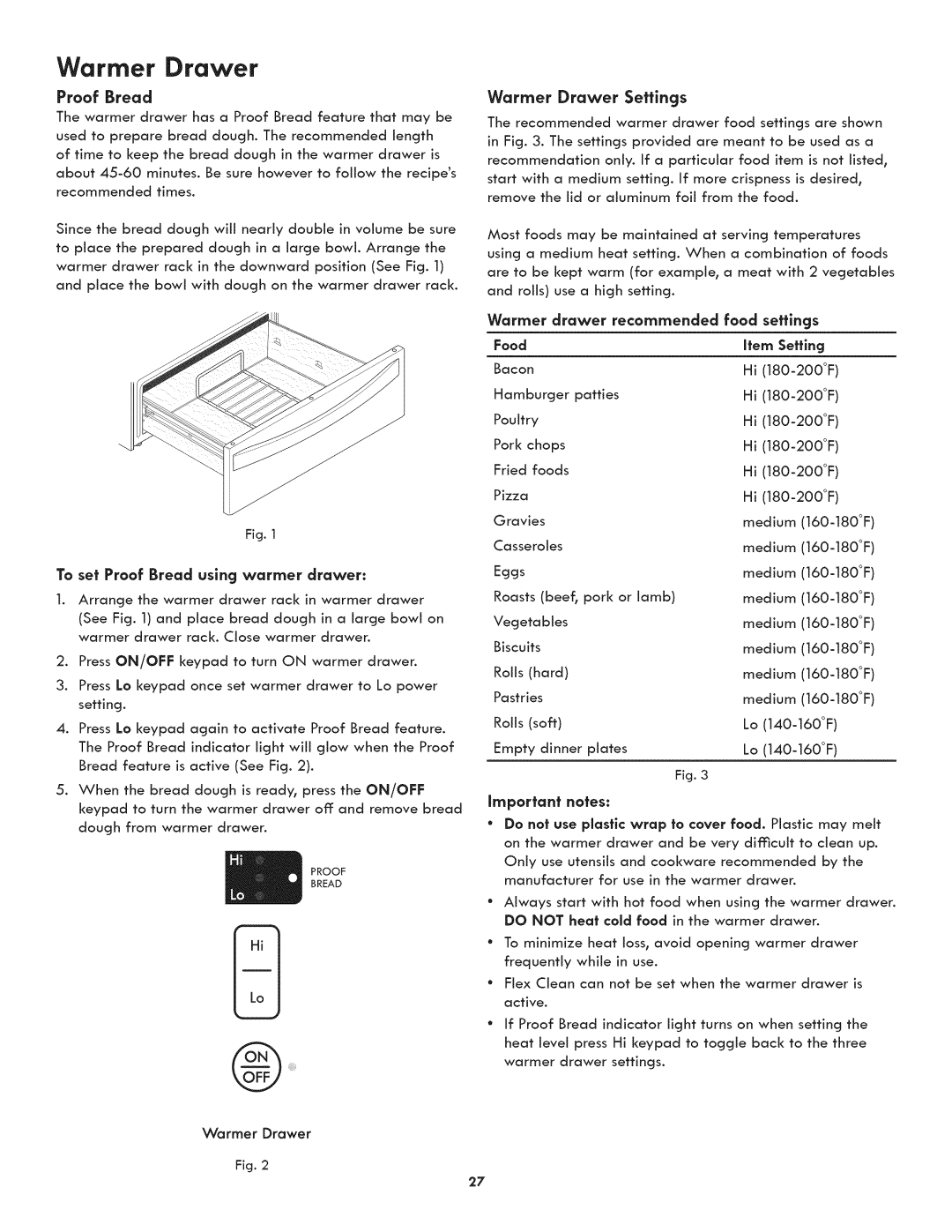 Kenmore 790-4501 manual Proof Bread, Warmer Drawer Settings, Warmer drawer recommended food settings, Item Setting 