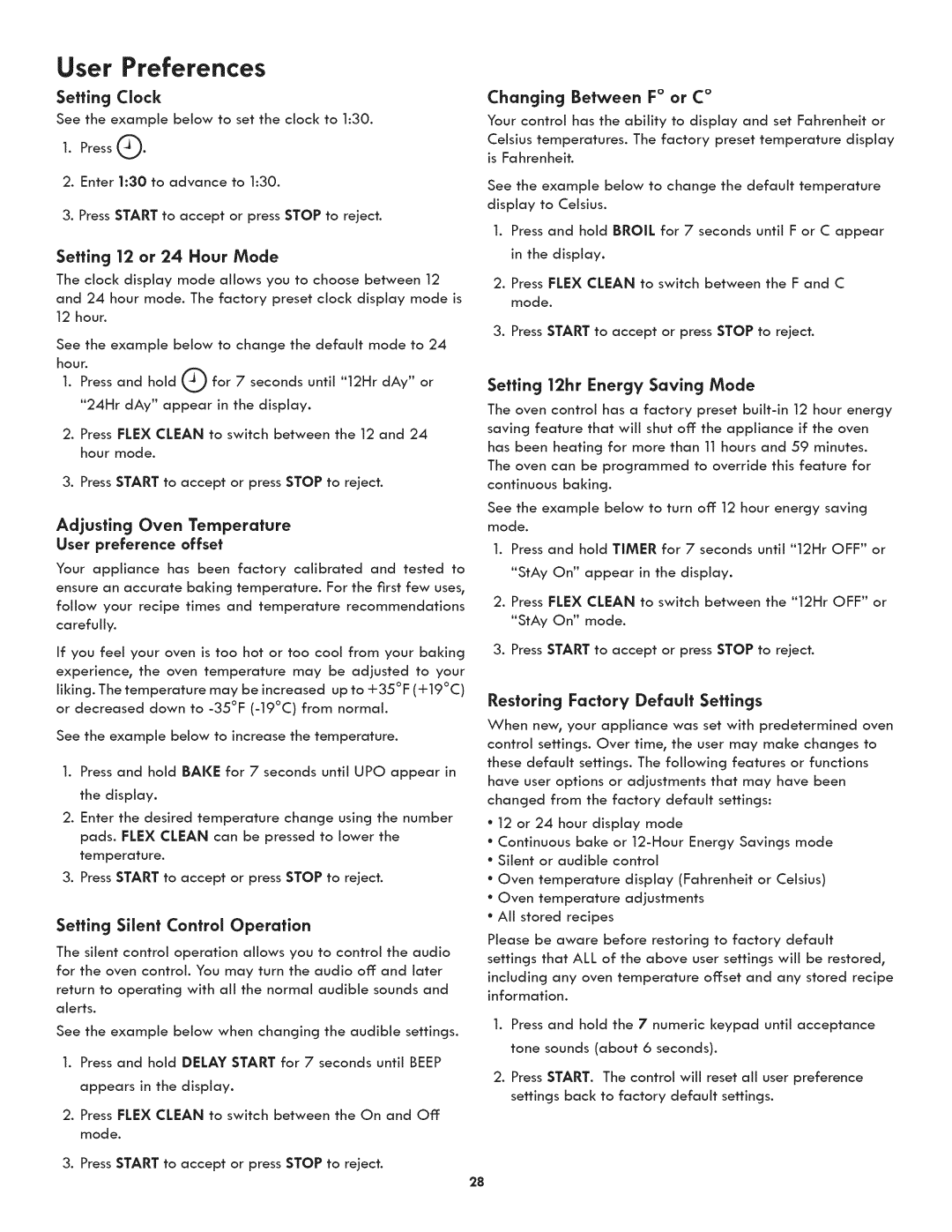 Kenmore 790-4501 Setting Clock, Adjusting Oven Temperature, Setting Silent Control Operation, Changing Between F or C 