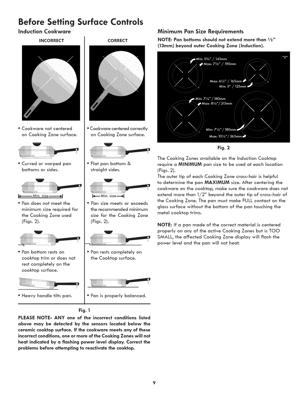Kenmore 790-4501 manual Before Setting Surface Controls, Induction Cookware, Minimum Pan Size Requirements 