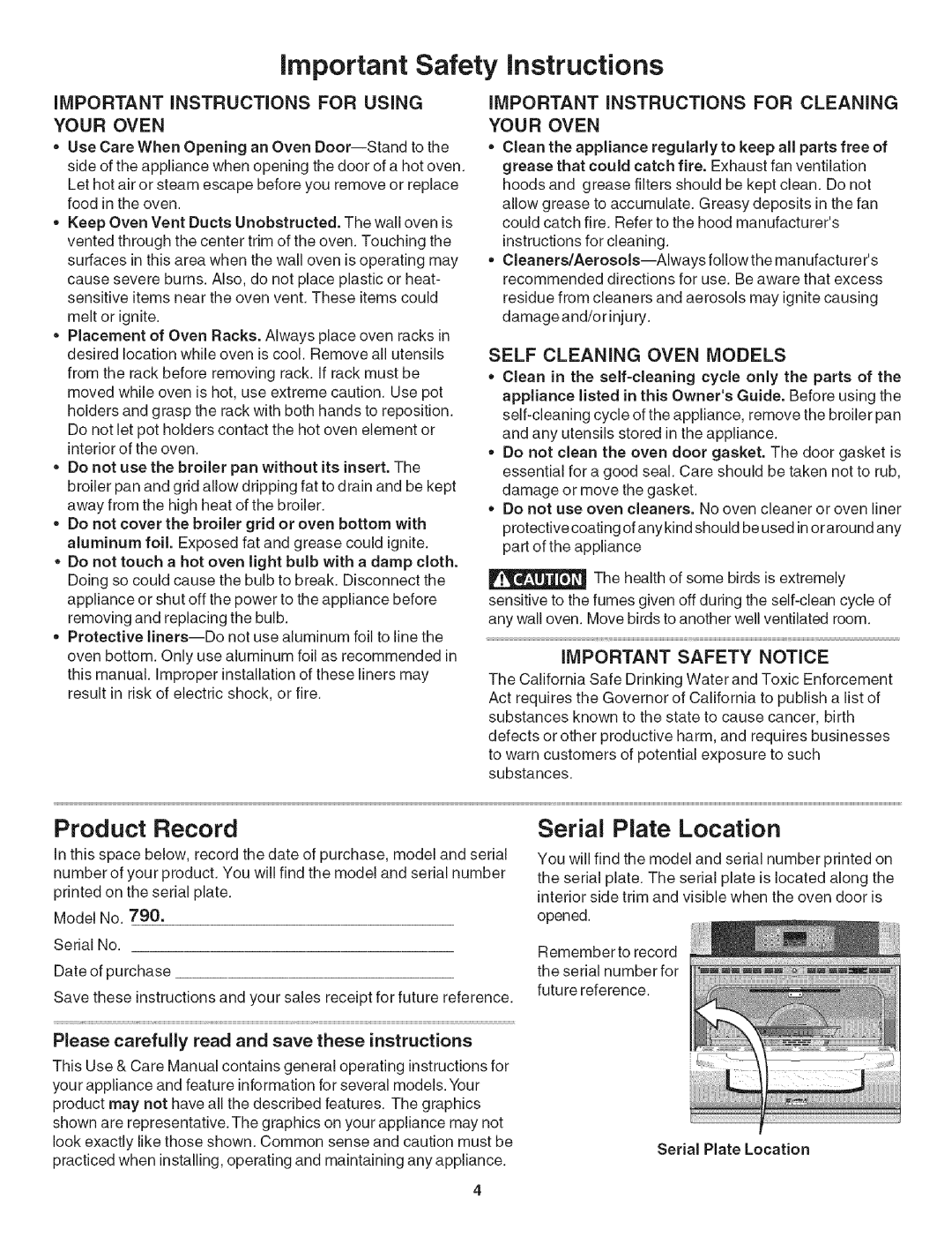 Kenmore 790. 4789 manual Product Record, Serial Plate Location, Important Instructions for Using, Self Cleaning Oven Models 