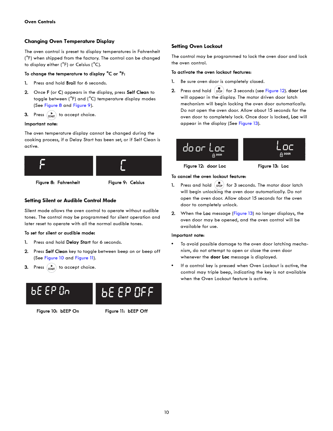 Kenmore 790-4942, 790-4940 Changing Oven Temperature Display, Setting Silent or Audible Control Mode, Setting Oven Lockout 