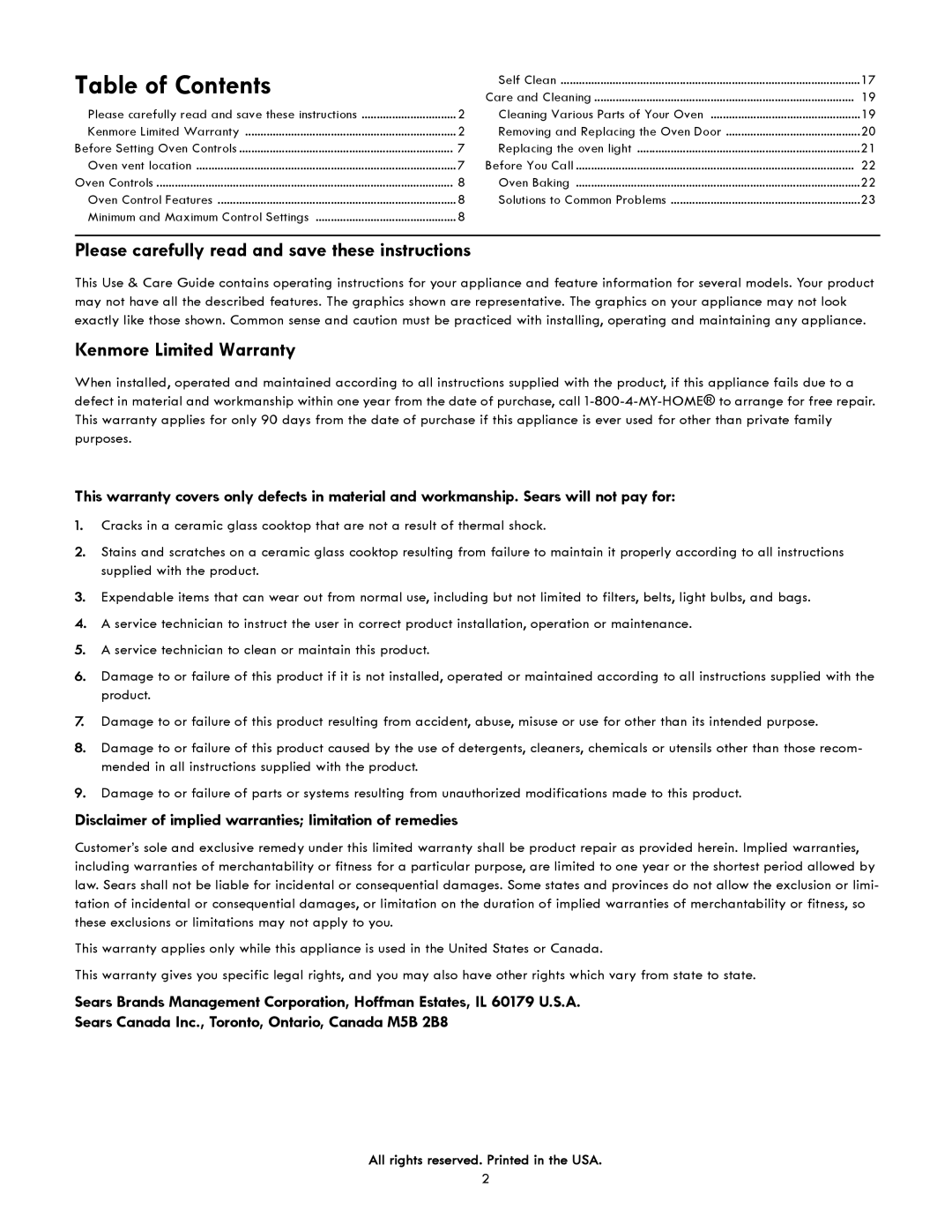 Kenmore 790-4942, 790-4940 manual Table of Contents 