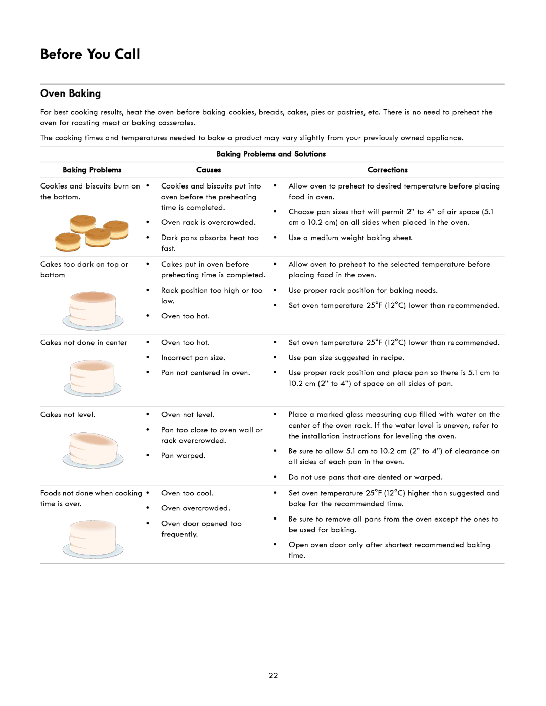 Kenmore 790-4942, 790-4940 manual Before You Call, Oven Baking, Baking Problems and Solutions Causes Corrections 