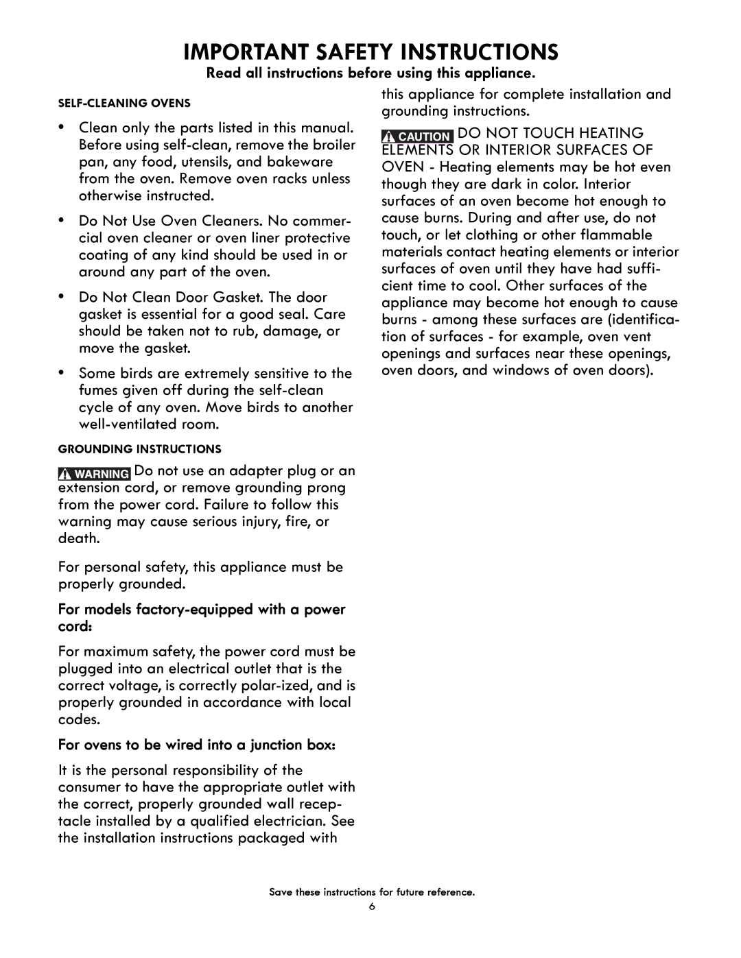 Kenmore 790-4942, 790-4940 manual For models factory-equipped with a power, For ovens to be wired into a junction box 