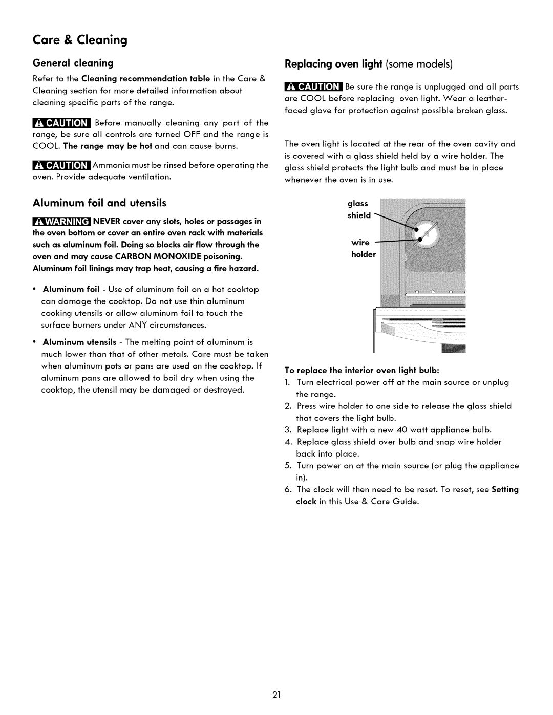 Kenmore 790. 7260 manual Aluminum foil and utensils, Replacing oven light some models, Glass shield Wire Holder 