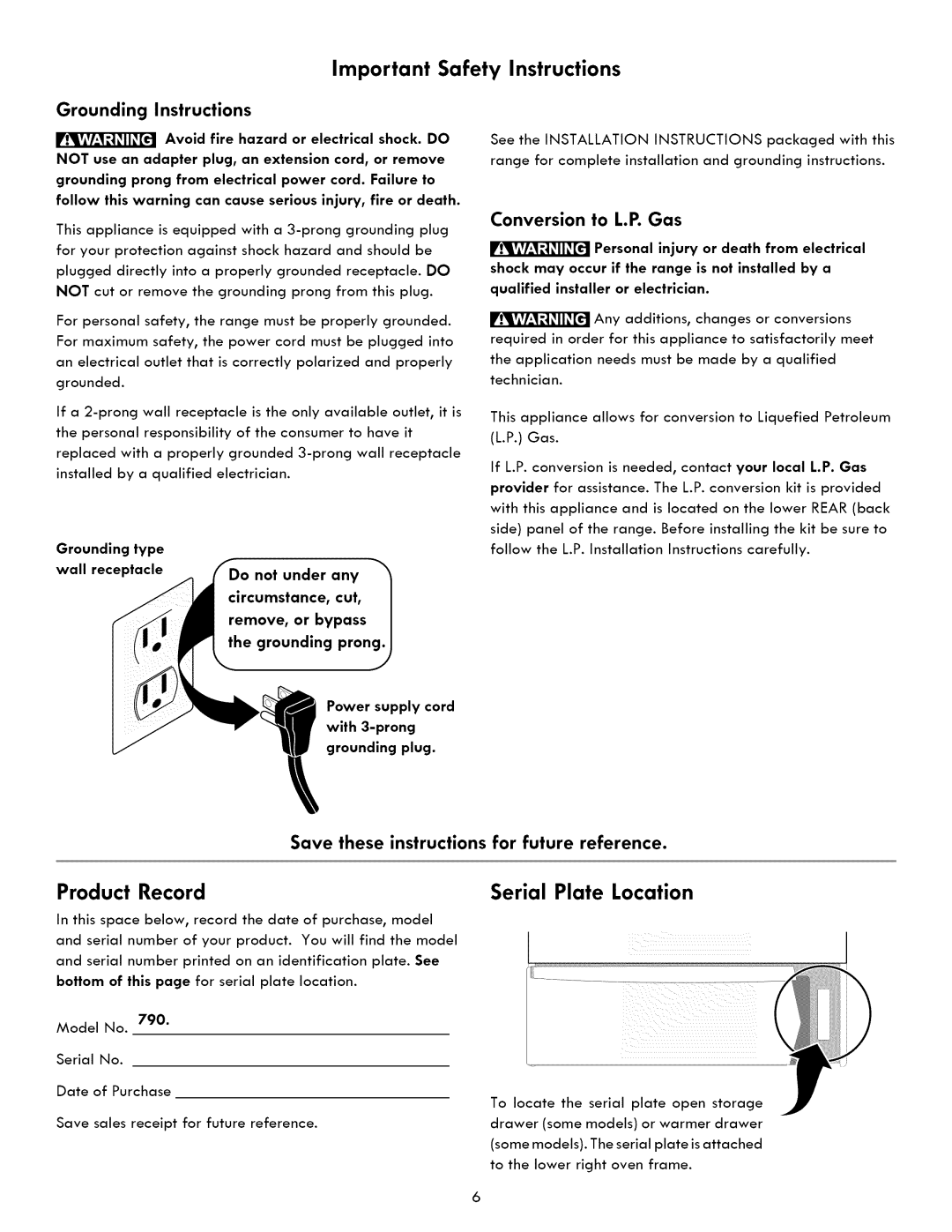 Kenmore 790. 7260 manual Product Record Serial Plate Location, Grounding Instructions, Conversion to L.R Gas 