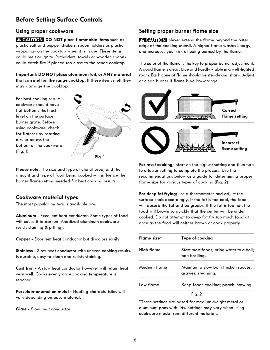 Kenmore 790. 7260 manual Before Setting Surface Controls, Using proper cookware, Setting proper burner flame size 