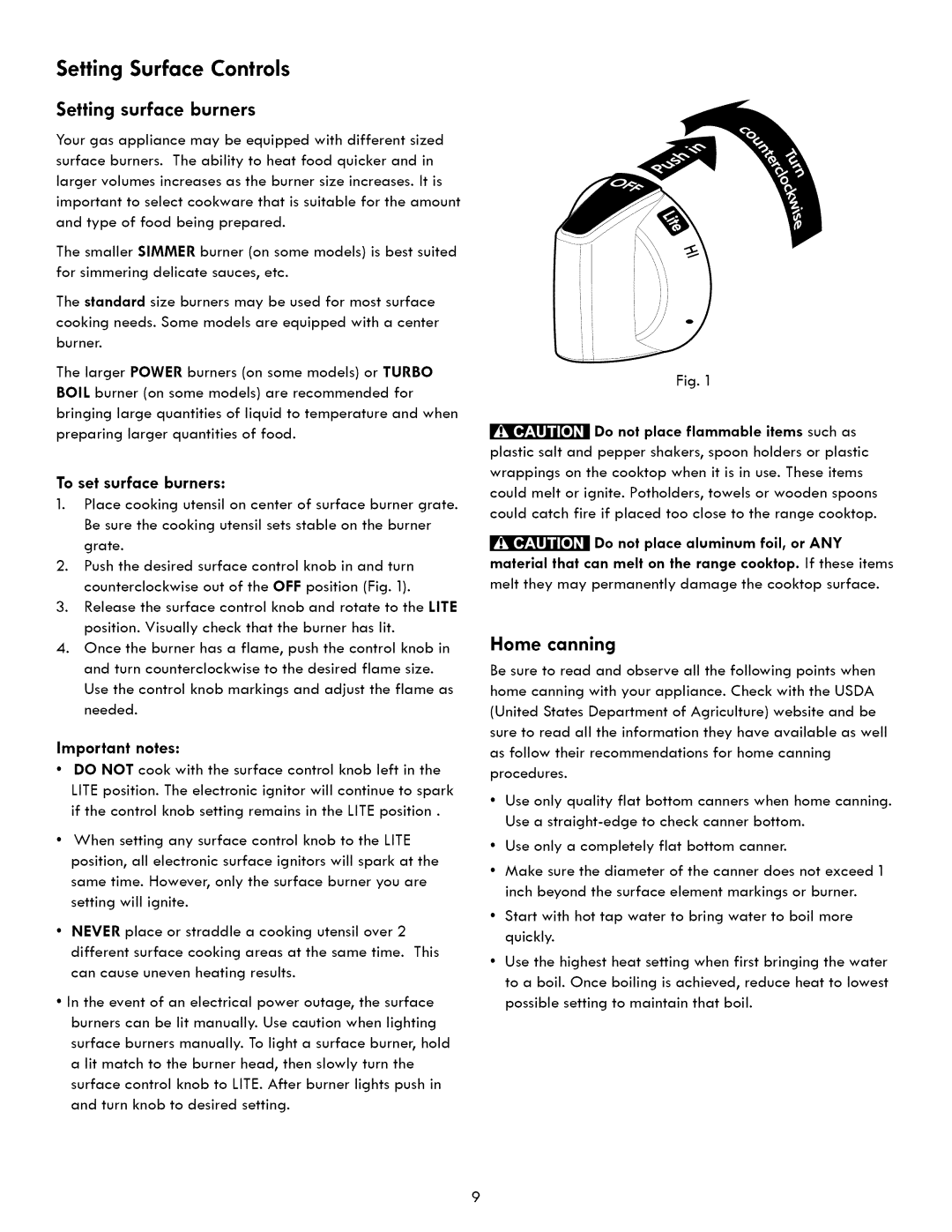 Kenmore 790. 7260 manual Setting Surface Controls, Setting surface burners, Home canning 