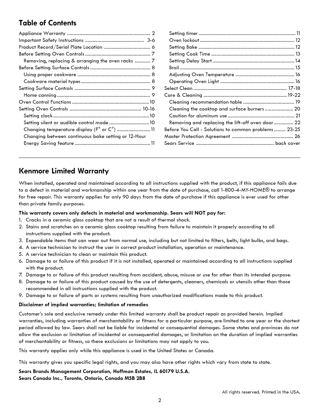 Kenmore 790. 7260 manual Kenmore Limited Warranty, Table, of Contents 
