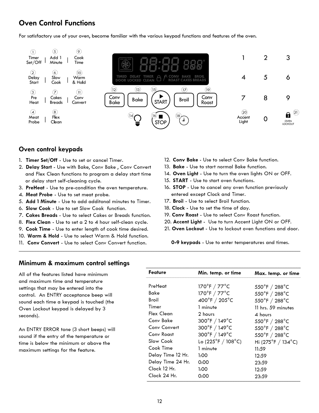 Kenmore 790. 7840 manual Oven Control Functions, Oven control keypads, Minimum & maximum control settings, Feature, Or time 