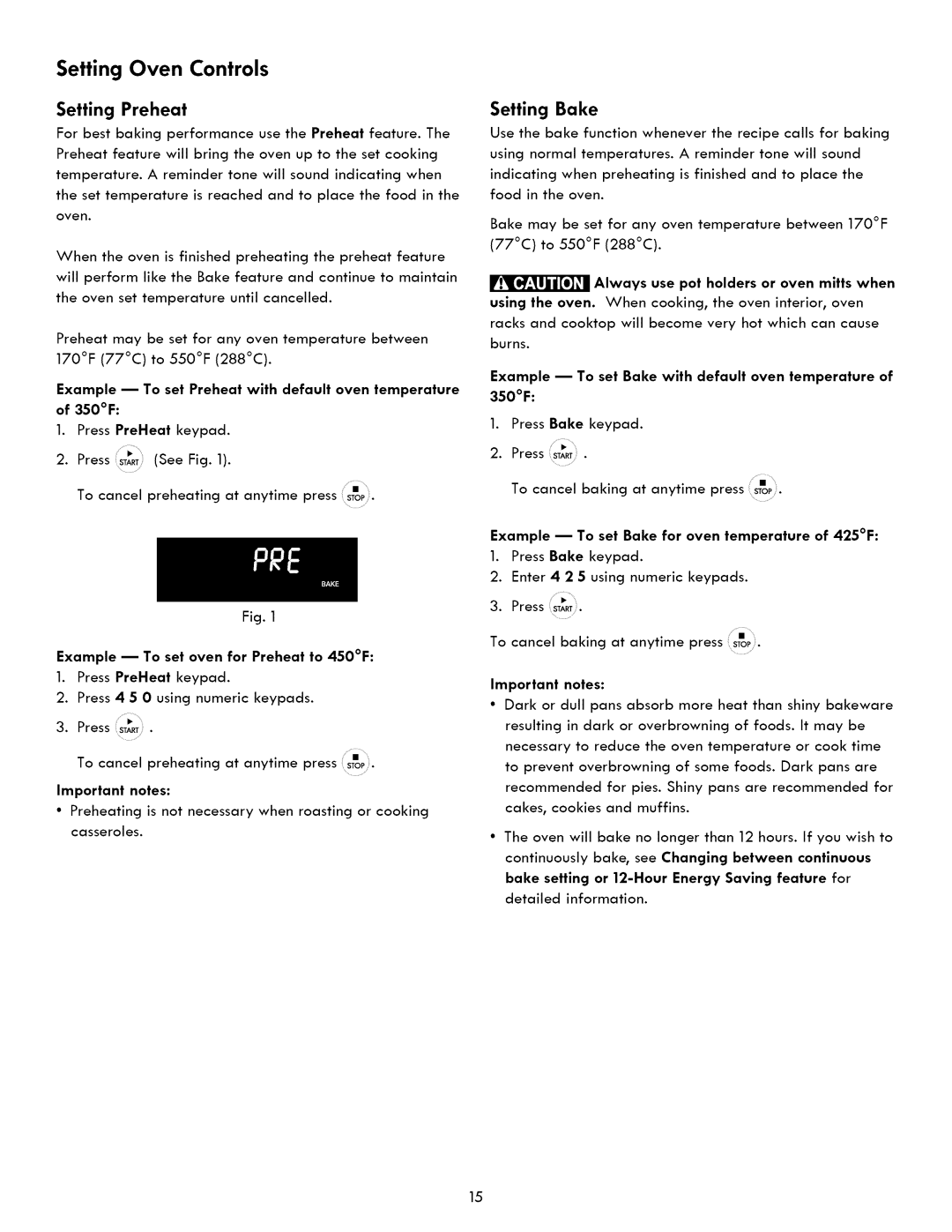 Kenmore 790. 7840, 790. 7830, 790. 7841 manual Setting Preheat, Setting Bake, Example m To set oven far Preheat to 450F 