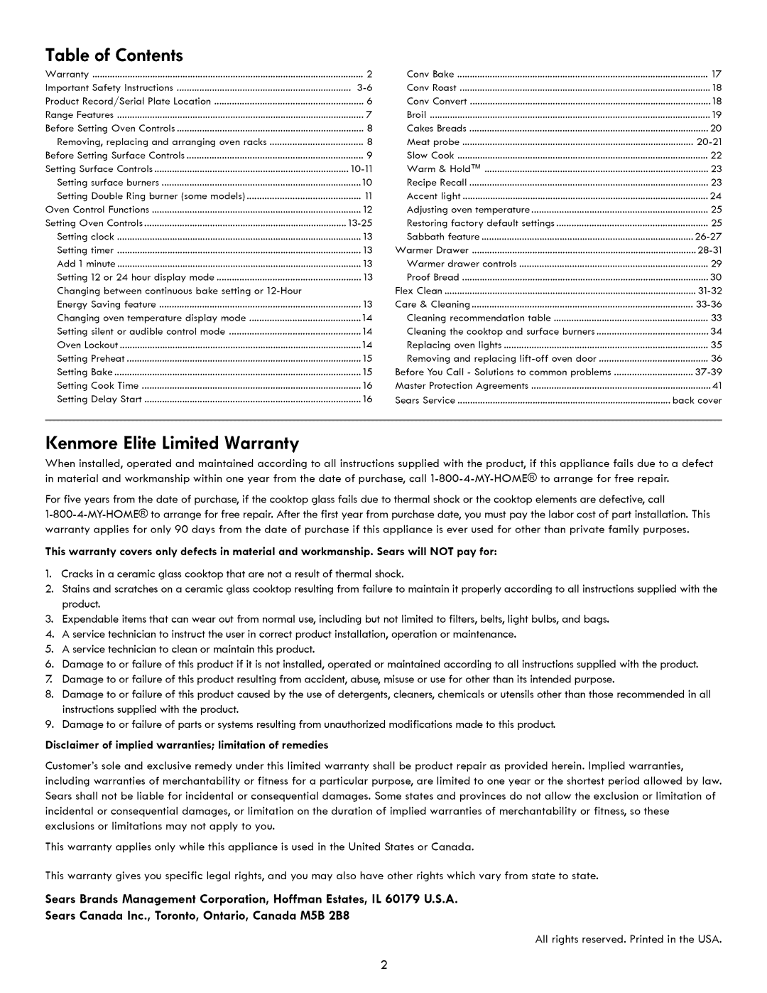 Kenmore 790. 7841, 790. 7840, 790. 7830 manual Kenmore Elite Limited Warranty, Table of Contents 