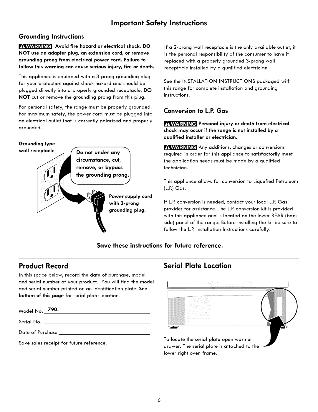 Kenmore 790. 7840, 790. 7830 manual Product Record, Serial Plate Location, Grounding Instructions, Conversion to L.P. Gas 