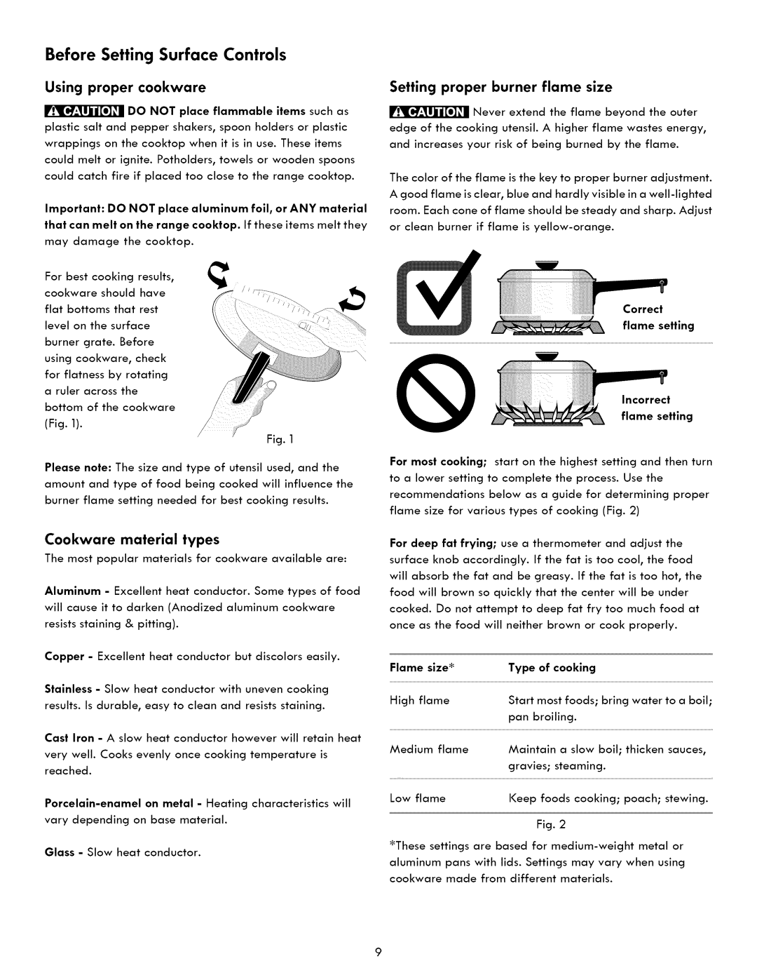 Kenmore 790. 7840, 790. 7830, 790. 7841 Before Setting Surface Controls, Using proper cookware, Cookware material types 