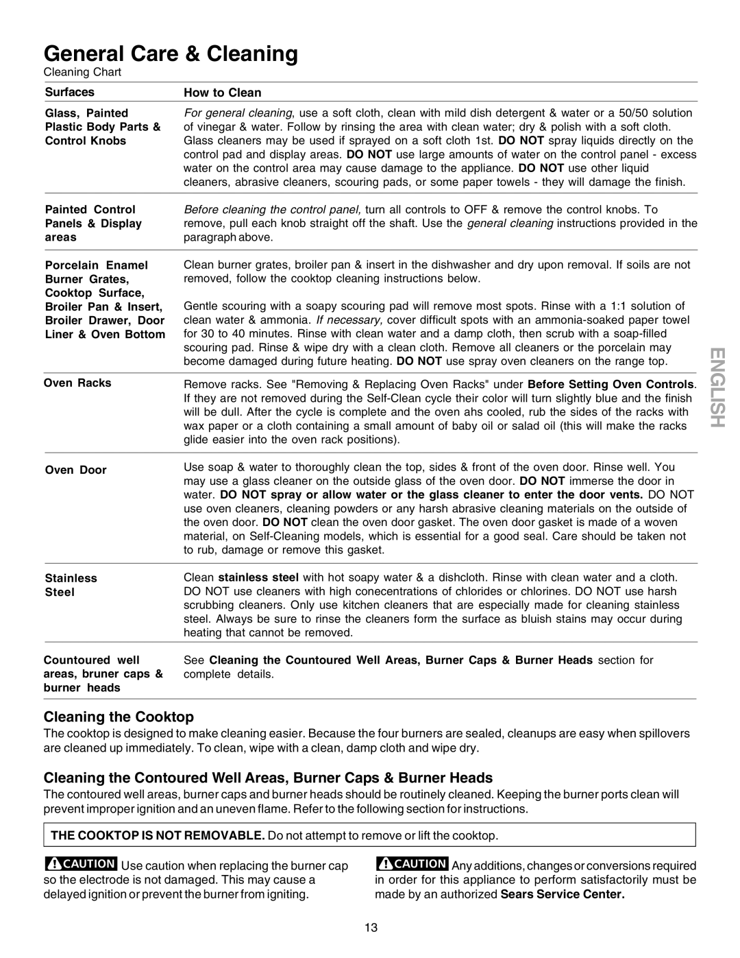 Kenmore 790. 7857, 790. 7862, 790. 7853, 790. 7858, 790. 7854, 790. 7859 manual General Care & Cleaning, Cleaning the Cooktop 