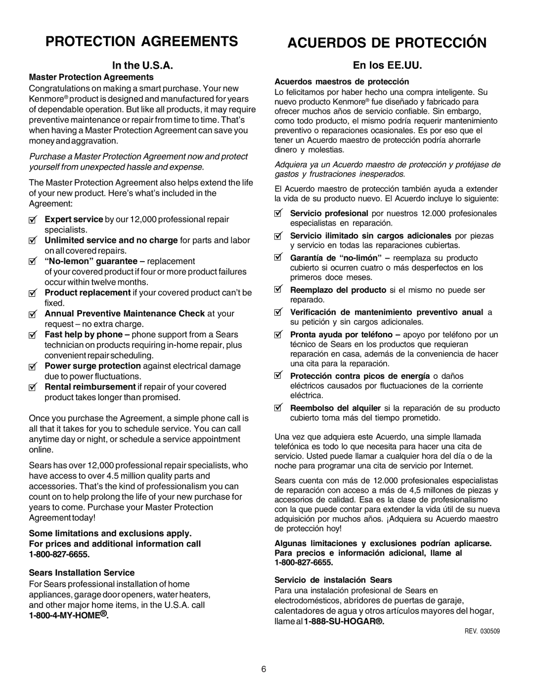 Kenmore 790. 7852, 790. 7862 U.S.A, En los EE.UU, Master Protection Agreements, My-Home, Acuerdos maestros de protección 