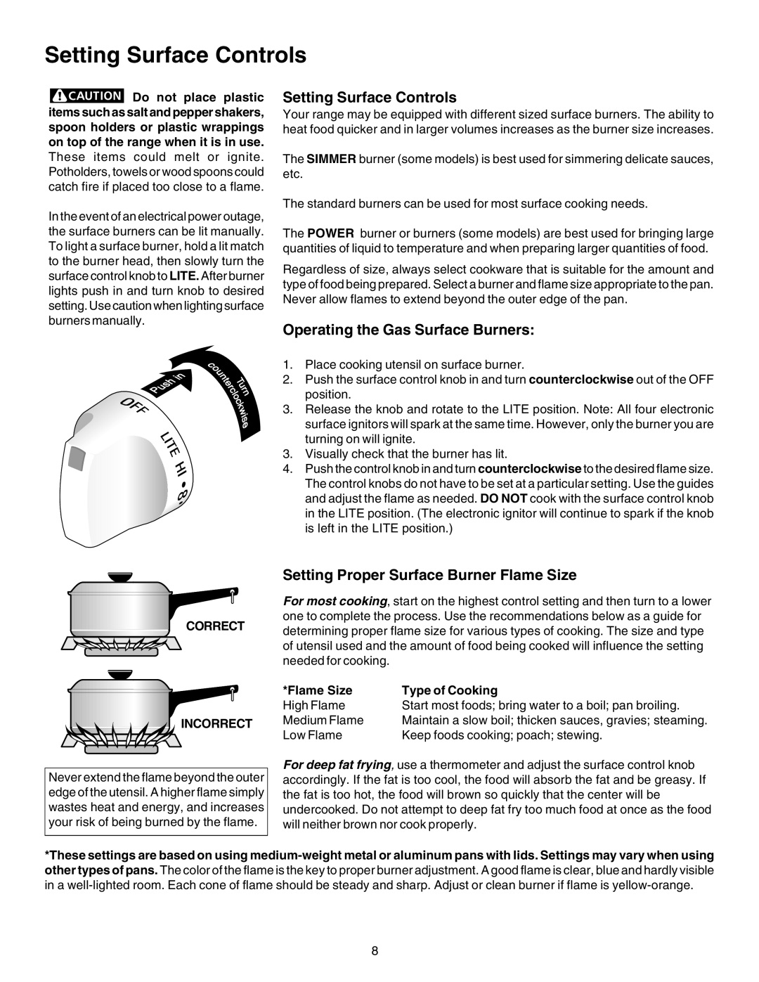 Kenmore 790. 7861 Setting Surface Controls, Operating the Gas Surface Burners, Setting Proper Surface Burner Flame Size 