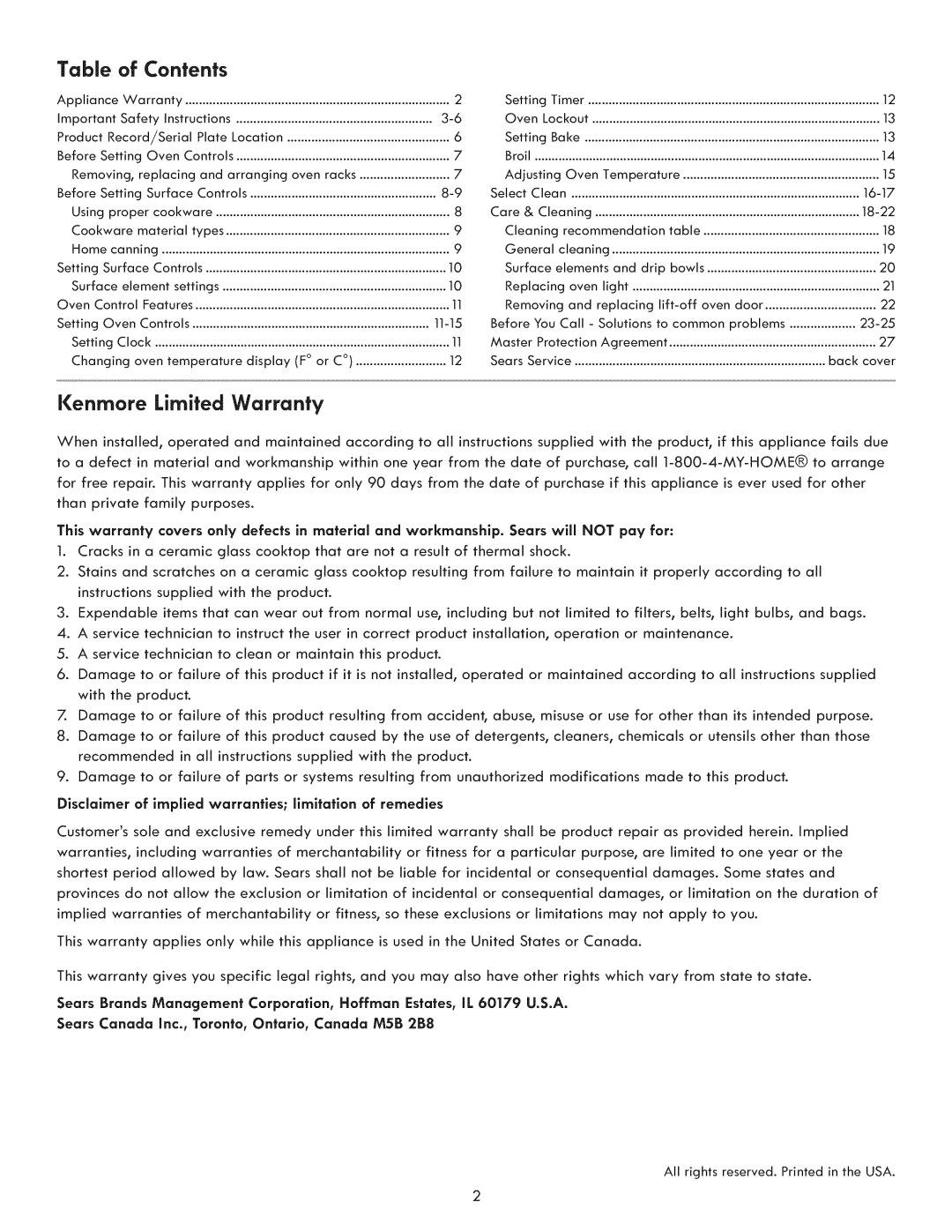 Kenmore 790. 9021 manual Contents, Kenmore Limited Warranty 