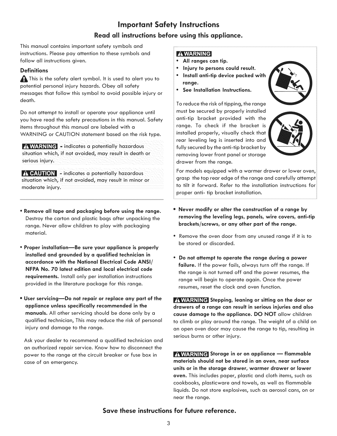 Kenmore 790. 9021 manual Important Safety nstructions, Definitions, Brackets/screws, or any other part of the range 