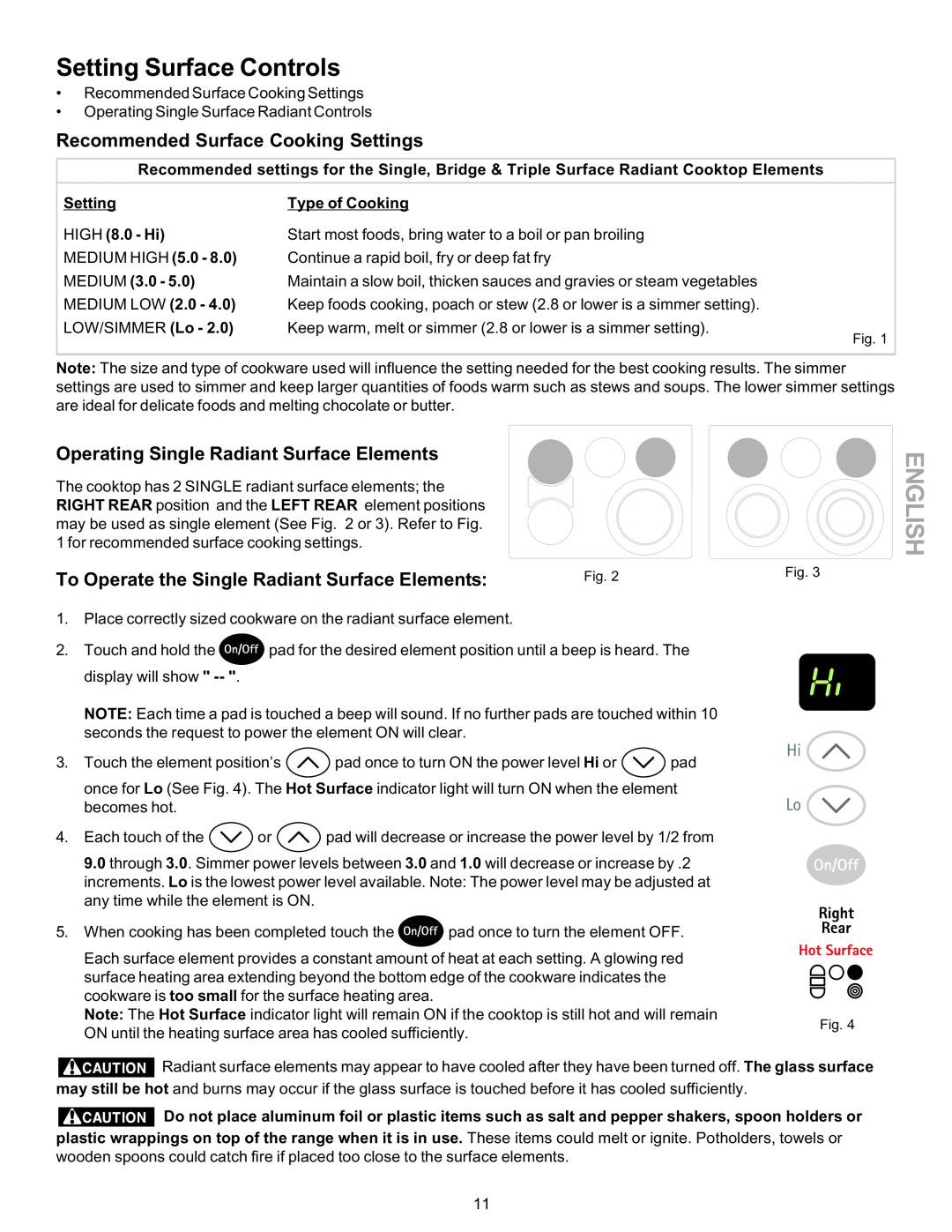 Kenmore 790-9663 Recommended Surface Cooking Settings, Operating Single Radiant Surface Elements, Type of Cooking, English 