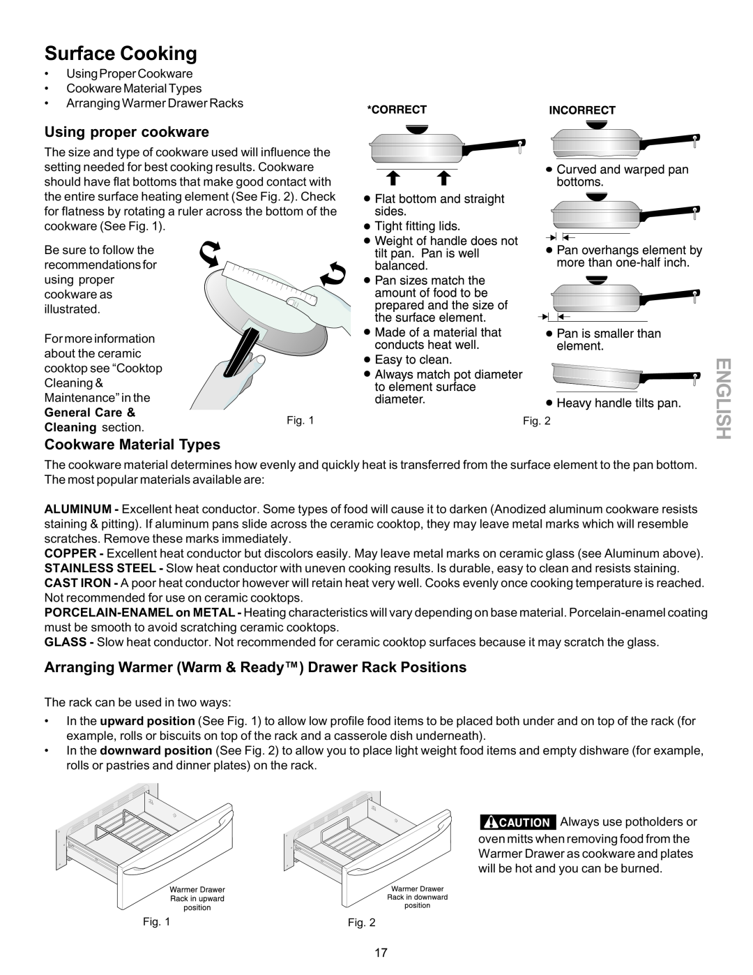 Kenmore 790-9663 manual Using proper cookware, Cookware Material Types, Arranging Warmer Warm & Ready Drawer Rack Positions 