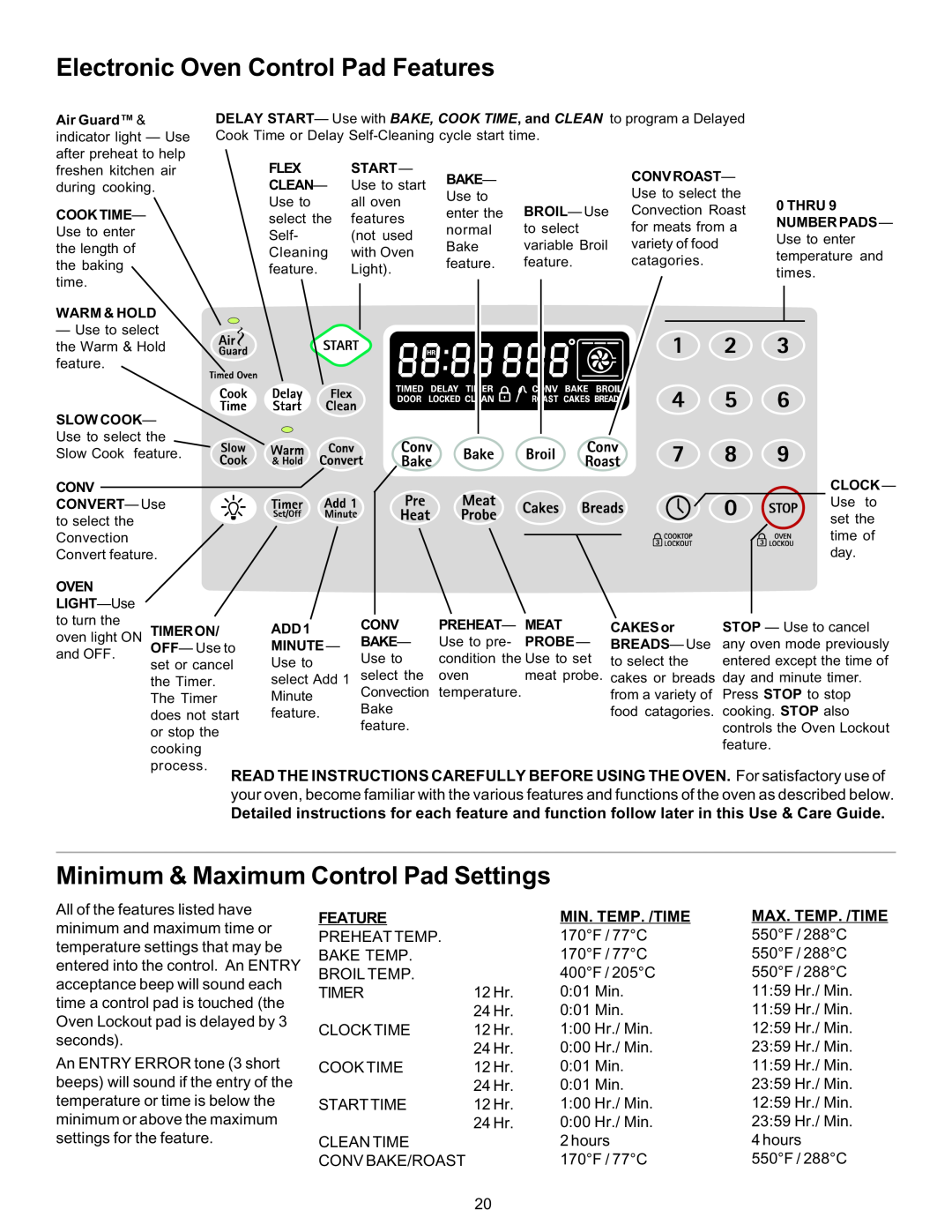 Kenmore 790-9663 manual Electronic Oven Control Pad Features, Minimum & Maximum Control Pad Settings, Min. Temp. /Time 