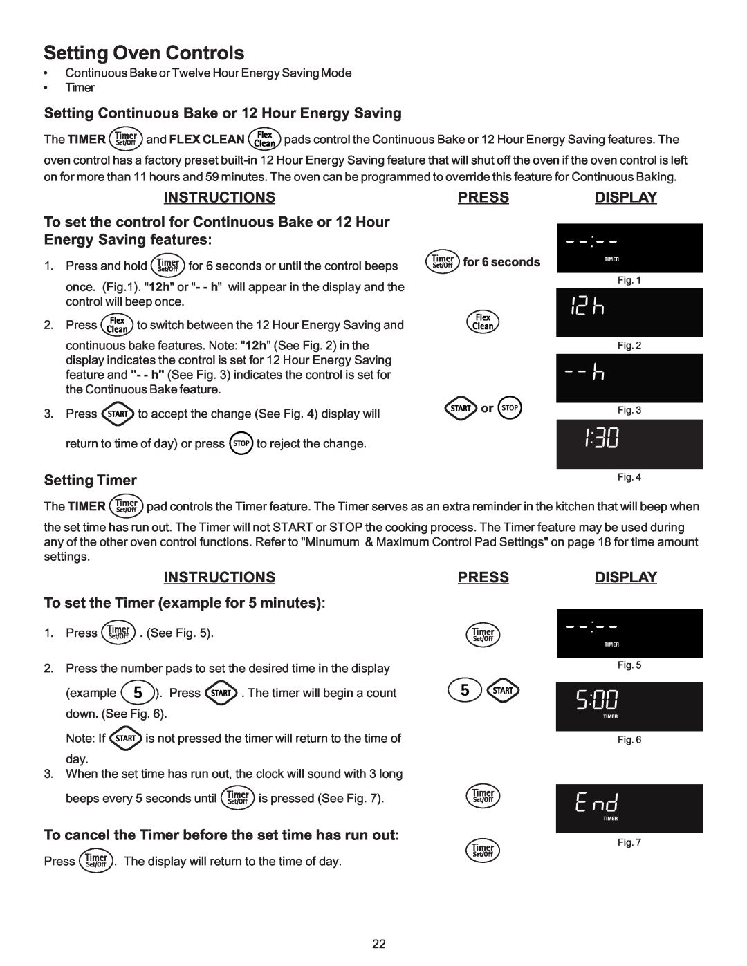 Kenmore 790-9663 manual Setting Continuous Bake or 12 Hour Energy Saving, Instructions, Press, Setting Timer, Display 