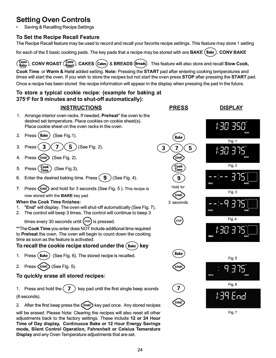 Kenmore 790-9663 To Set the Recipe Recall Feature, To store a typical cookie recipe example for baking at, Pressdisplay 