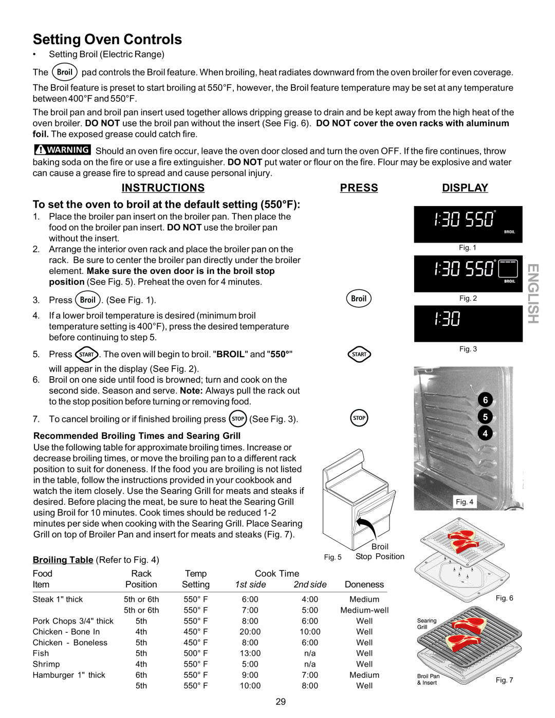 Kenmore 790-9663 manual To set the oven to broil at the default setting 550F, Recommended Broiling Times and Searing Grill 