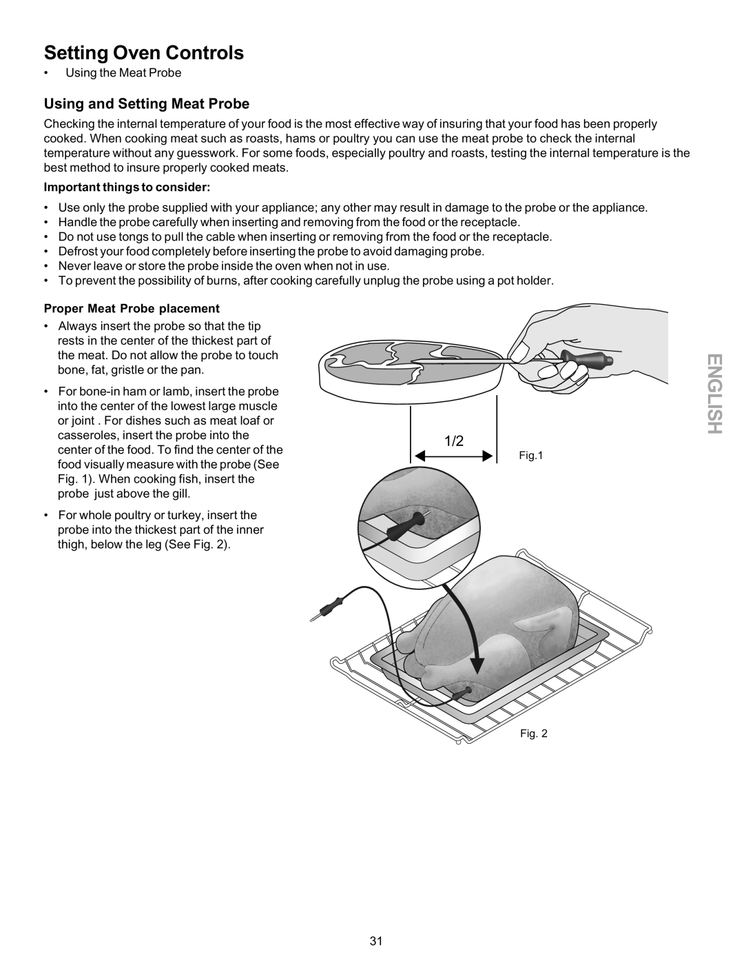Kenmore 790-9663 manual Using and Setting Meat Probe, Important things to consider, Proper Meat Probe placement, English 