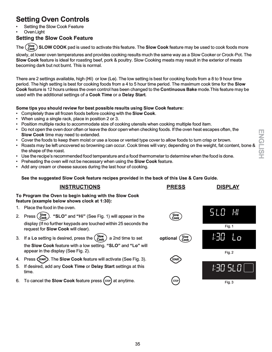 Kenmore 790-9663 Setting the Slow Cook Feature, optional, Setting Oven Controls, English, Instructions, Press, Display 