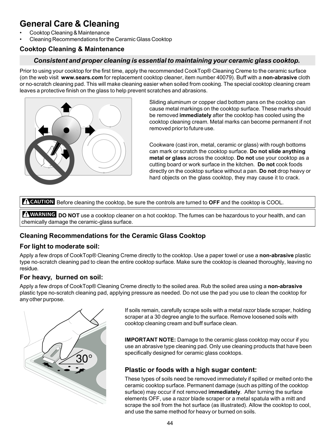 Kenmore 790-9663 manual Cooktop Cleaning & Maintenance, Cleaning Recommendations for the Ceramic Glass Cooktop 