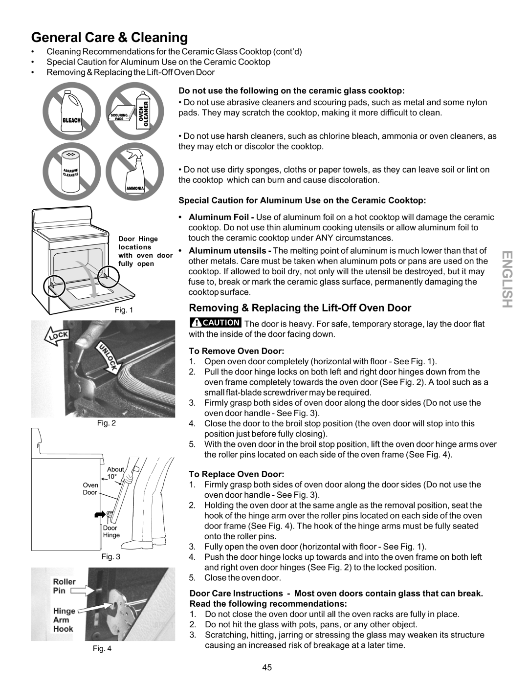 Kenmore 790-9663 manual Removing & Replacing the Lift-Off Oven Door, Do not use the following on the ceramic glass cooktop 