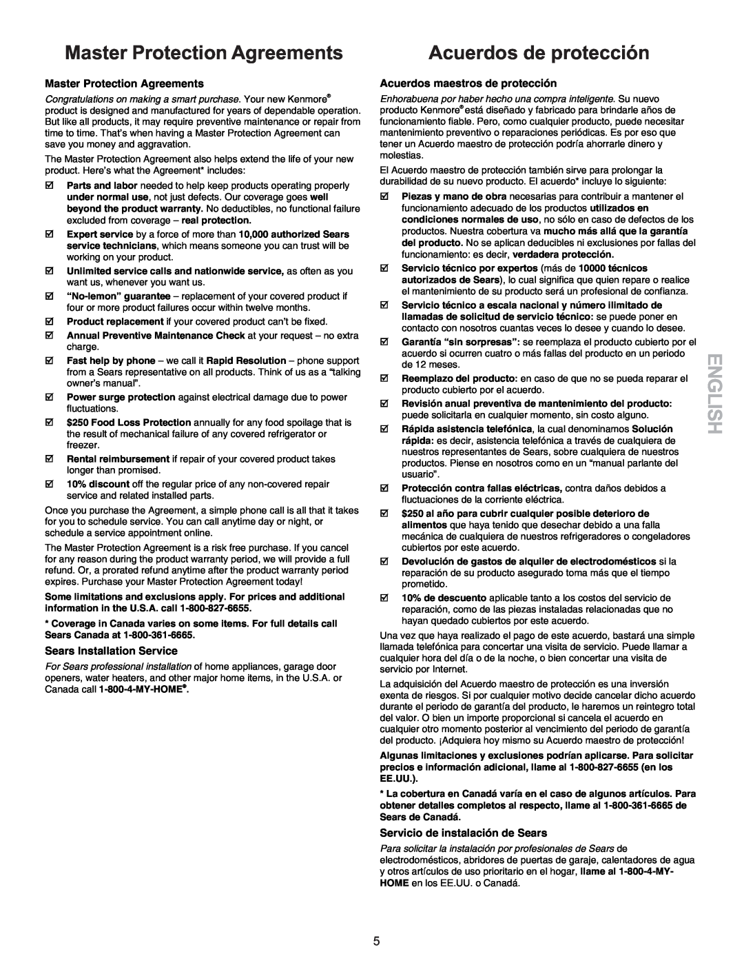 Kenmore 790-9663 manual Master Protection Agreements, Acuerdos de protección, English, Sears Installation Service 