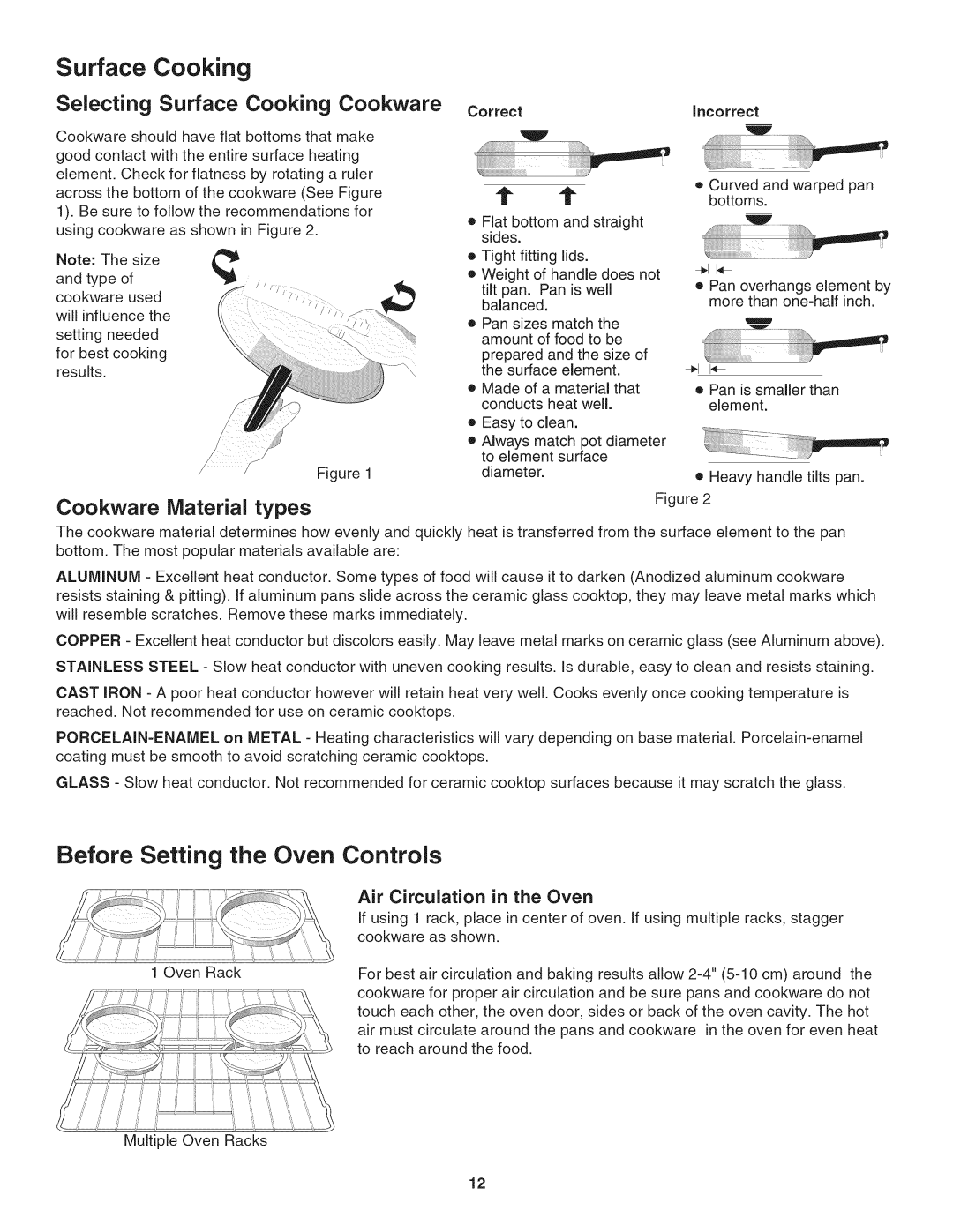 Kenmore 790. 9802 manual Before Setting the Oven Controls, Cookware Material, Air Circulation in the Oven 