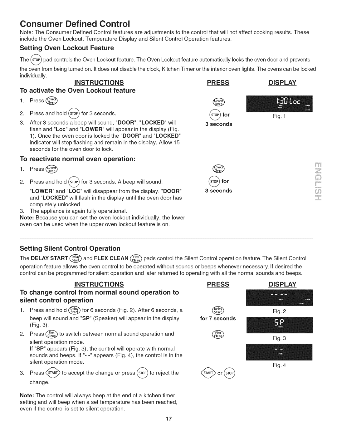 Kenmore 790. 9802 manual Consumer Defined Control, Setting Oven Lockout Feature, To activate the Oven Lockout feature 