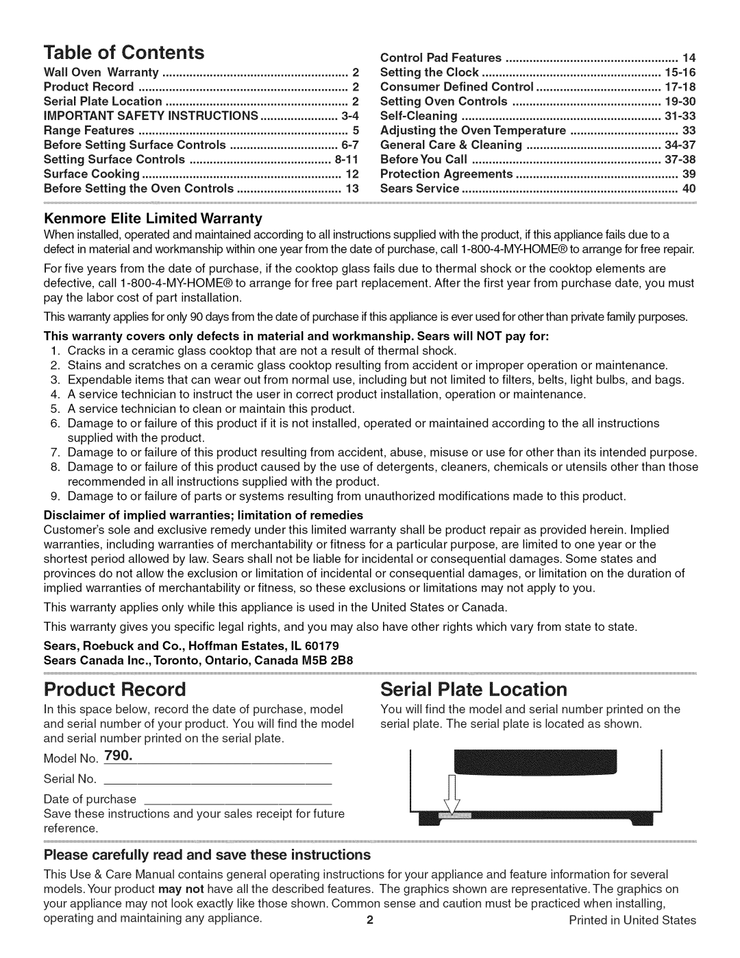 Kenmore 790. 9802 manual Table of Contents, Product Record, Serial Plate Location 