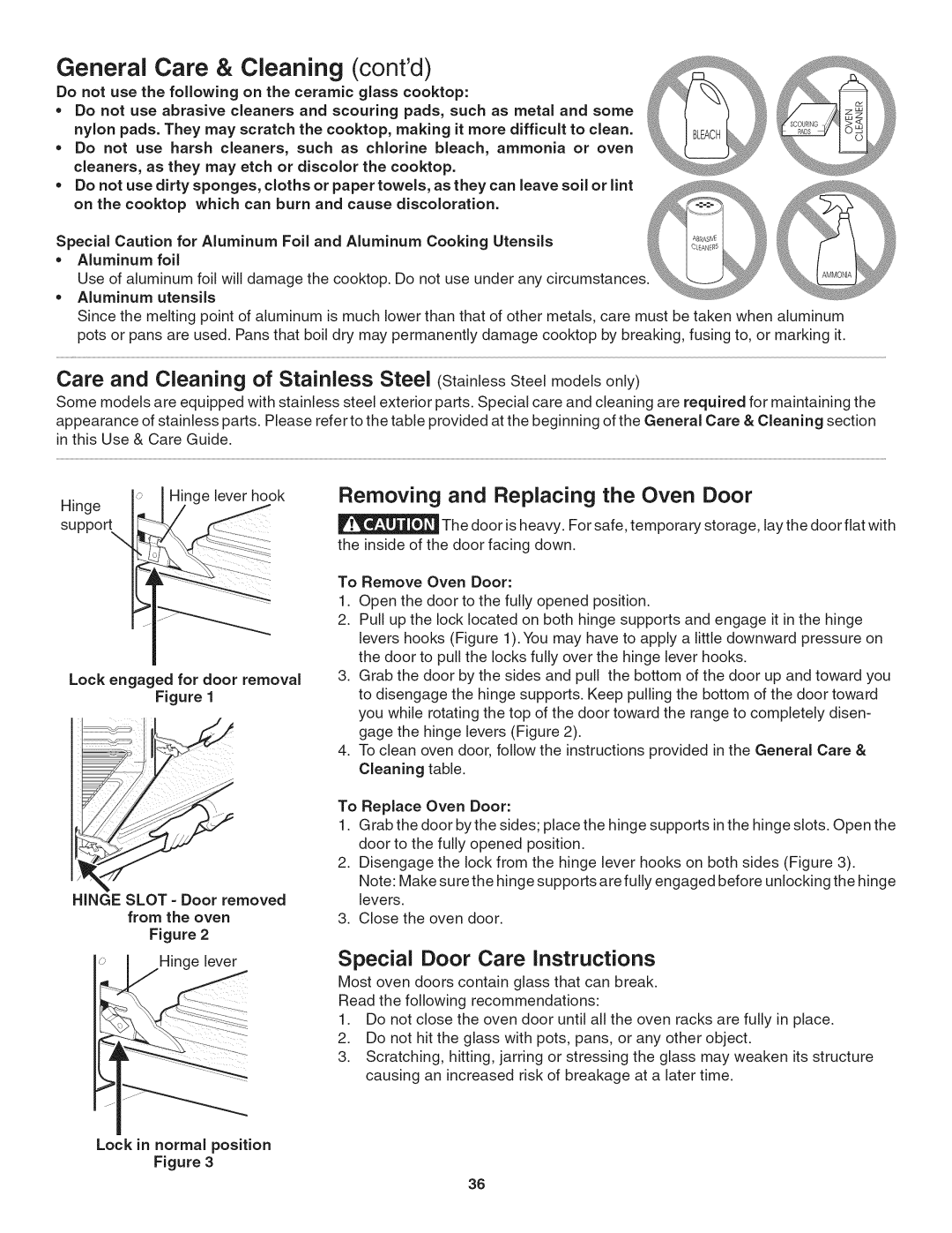 Kenmore 790. 9802 General Care & Cleaning contdJ, Removing and Replacing the Oven Door, Aluminum foil, Aluminum utensils 