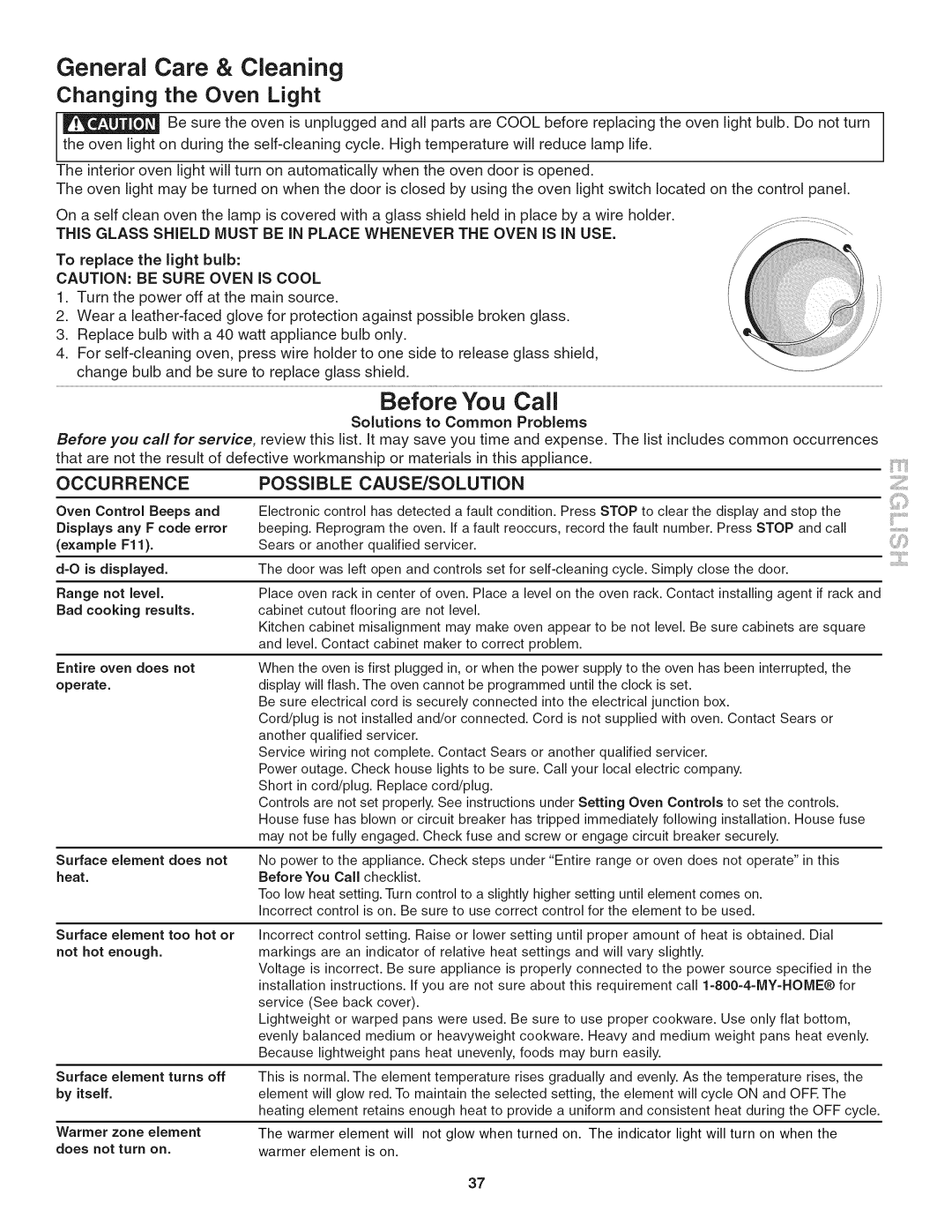 Kenmore 790. 9802 General Care Cleaning, Before You Call, Changing Oven Light, Occurrencepossible CAUSE/SOLUTION, Ii/ii 