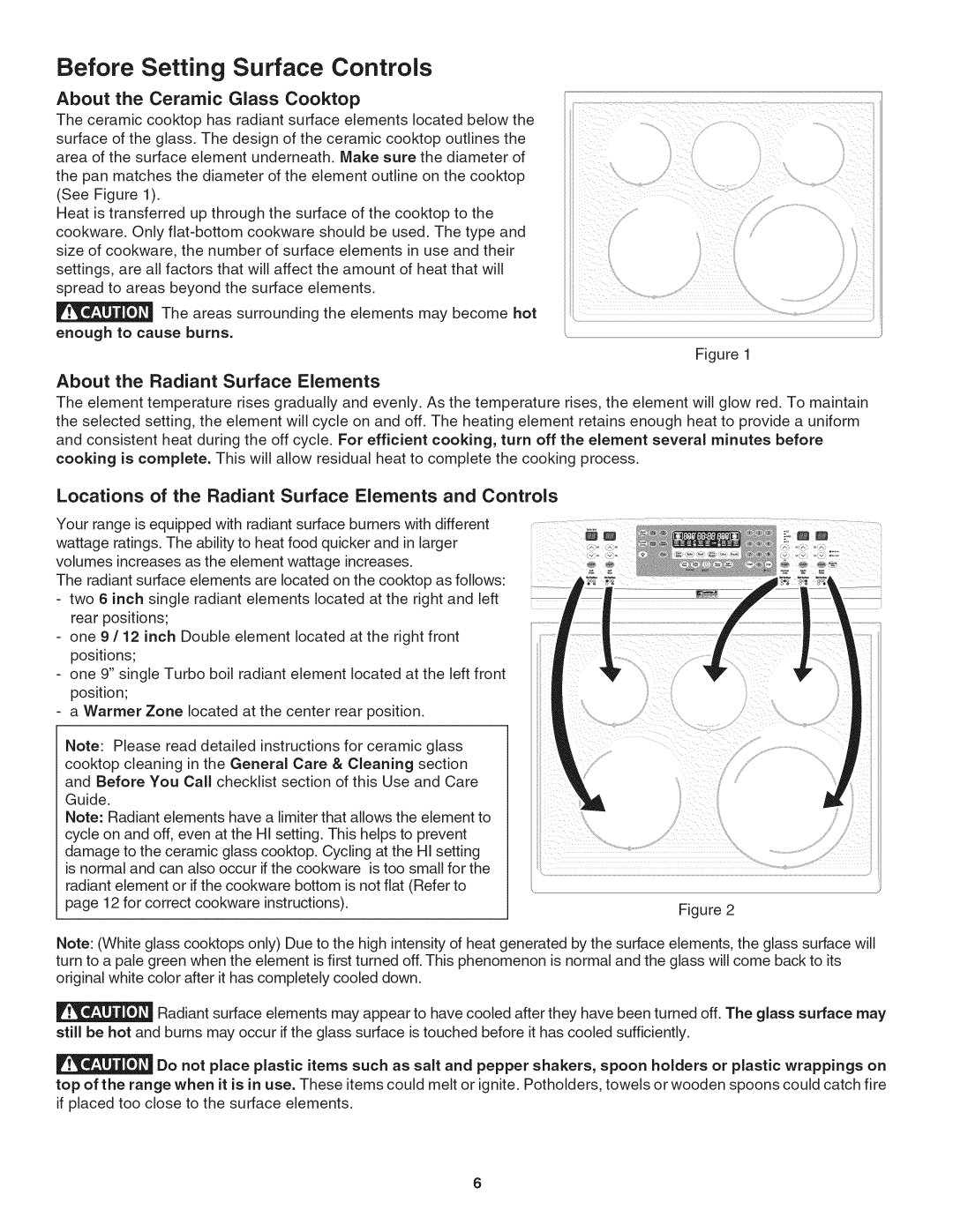 Kenmore 790. 9802 Before Setting Surface Controls, About the Ceramic Glass Cooktop, About the Radiant Surface Elements 