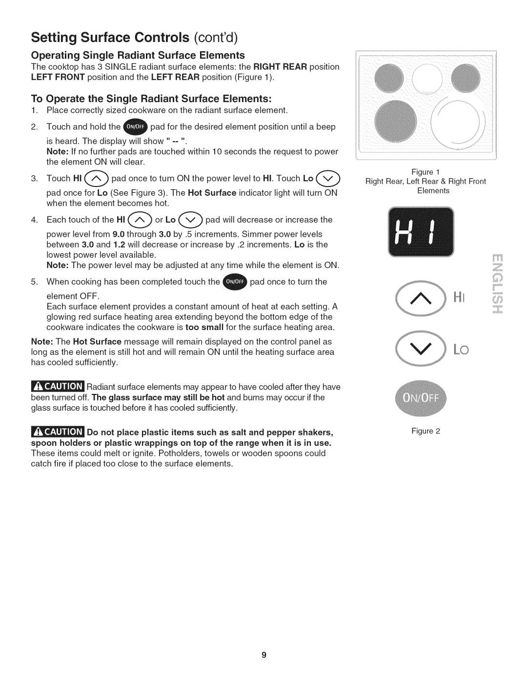 Kenmore 790. 9802 manual Setting Surface Controls contd, Operating Single Radiant Surface Elements 