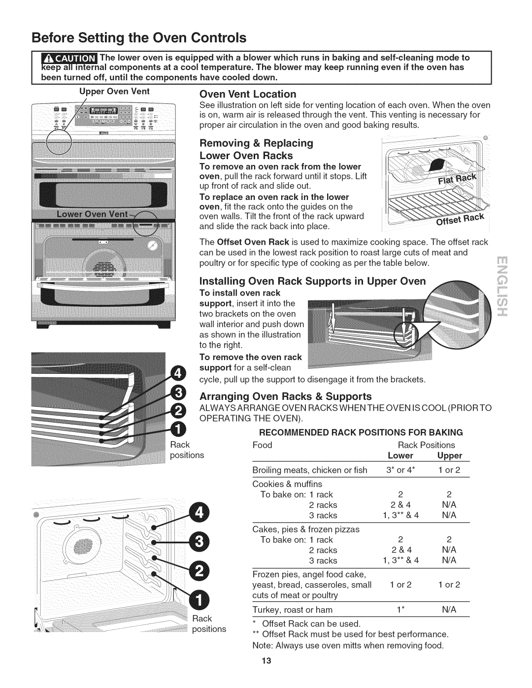 Kenmore 790. 9802 Before Setting the Oven Controls, Vent, Location, Removing, Replacing, Lower Oven, Racks, Arranging 