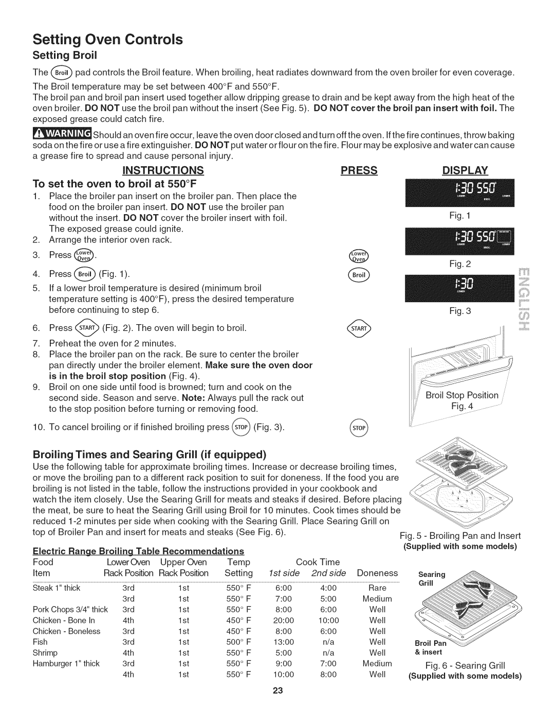 Kenmore 790. 9802 manual Setting Oven, Controls, Broil, Instructionspress, To set the oven to broil at 550F 